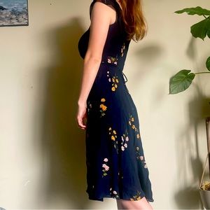 Reformation Navy Floral Cap-Sleeve Wrap Dress